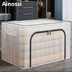【BUG 1 TAKE 1】Ainossi 110L Large Capacity Transparent boxFoldable Storage Box for clothes PVC Nylon Waterproof and moisture-proof Sundries Organizer box Stackable megabox With Steel Frame Dual Zipper