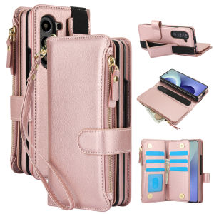 szhaiyu | Lanyard Zipper Leather Wallet Case For Samsung Galaxy Z Fold 4 5 6 7 8 Ultra With Pen Holder Finger Grip Strap Portable Cover