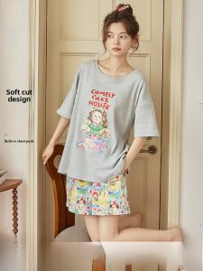Miiow | Pure Cotton Summer Short Sleeve Womens Sleepwear Set With Chest Pad Cartoon Cute Style Home Clothes Outdoor Wearable Thin