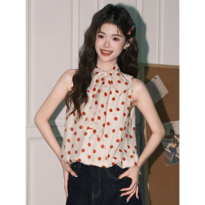 chaqi | French Polka Dot Sleeveless Shirt Women Summer Thin Loose Design Sensation Sash Delicate Small Shirt Chiffon Top Elegant Casual Wear