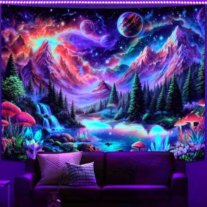 VIKAMA Vibrant Evergreen Woods Cascade Crystal UV Blacklight Tapestry Glow In Dark Psychedelic Wall Art Decor Soft Durable Cozy