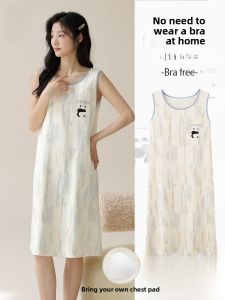 miiow | Womens Sleeveless Nightgown Breathable Lightweight Summer Sleepwear With Chest Pad Home Clothes Sweet Style Pure Cotton