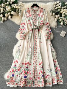Phong Cách Triều Đình Retro Nữ Đầm Mùa Xuân Mùa Thu Pháp Mới Cổ Áo Nút Đơn Tay Lồng Đèn Vòng Eo Cinched Long Váy