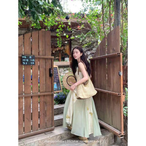 Elegant Printed Halter Dress Hungerlababy Gentle Atmosphere Han Elements Ancient Style Commute Summer Long Dress V-neck Sleeveless