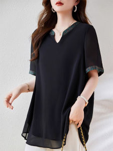 WANGGONGZHU | Black Oversized Short Sleeve Shirt Women Summer New Style Splicing Loose Casual Slimming T-shirt Princess Style V-neck Regular-length