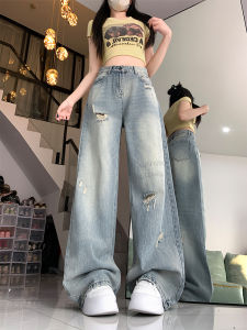 Quần Jeans Denim Ống Rộng Phong Cách Mỹ Cổ Điển Cho Nữ Quần Dài Ôm Dáng Cạp Cao Có Lỗ Xẻ Quần Dài Thường Ngày Mùa Xuân Thu Đông