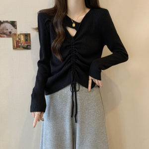 plus Size V-Neck Asymmetrical Long Sleeve Knitwear Womens Autumn Winter Slimming Waist Drawstring Top Base Shirt Upper Body