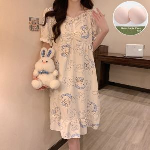 MONLEYTA | Summer New Style Womens Sleep Dress Polka Dot Short Sleeve Court Style Sleepwear With Chest Pad Midi Skirt Vintage Korean