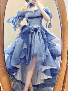 Blue Lolita Dress Elegant Floral Wedding Gown Puffy Tailed Princess Skirt High Waist Butterfly Knot Short Sleeve Medium Length
