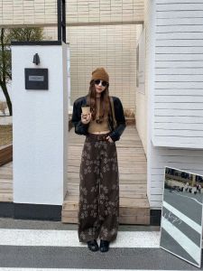 Retro Coffee Floral Wide Leg Straight Pants Loose Versatile Personality Fashion High Waist Zipper Closure Autumn New Arrival