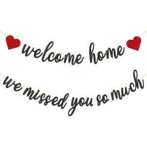 Welcome Home Banner Set Black Glitter Bunting with Red Hearts "Welcome Home / We Missed You So Much" Reunion Party Decorations