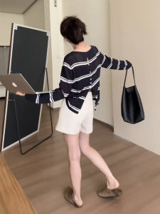 Korean Striped Ice Silk Knitted Sunshade Cover up Loose Long Sleeve T Shirt Womens Summer Design Hollow out Back Top