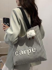 K-style Canvas Bag Female Casual Shoulder Bag Tide Fried Street Work Work Clothing Stripes Handbag Large Capacity Student Schoolbag
