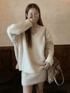 Early Autumn Korean Style Lazy Sweater Wrap around Mini Skirt Two Piece Set Womens Fashion Winter Outfit Casual Chic
