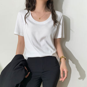 Gexuan White Short Sleeve T-Shirt Women Summer New round Neck Loose Slim Pure Color Large Collar Top Korean Style Cotton Blend