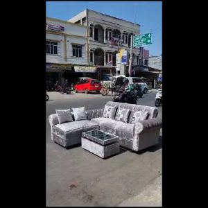 Sofa L Kancing Beludru Mewah