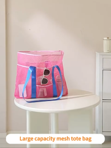 Large Capacity Mesh Beach Bag Waterproof Beach Tote Bag with 8 Pockets Oversized Foldable Lightweight Net Handbag Hollow Out Family Swim Bag Vacation Essentials Beach Accessories for Travel Swimming Outdoor Fitness