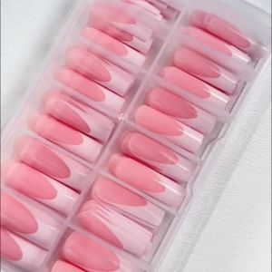 120Pcs Glossy Pink French Fake Nails 12-Sizes Long Square Press On Nails White Edge Design Full Cover False French Tip Nails TD