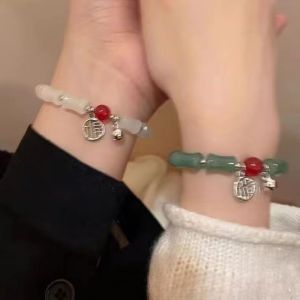 2 chiếc vòng tay phong cách cổ xưa khớp tre Mặt dây chuyền thiệp chúc phúc Phong cách Trung Quốc Mới Vòng đeo tay đính chuông bạn gái vòng tay đôi phong cách dân tộc mới