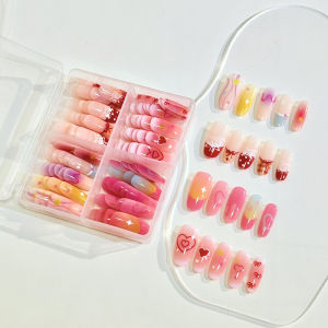 120Pcs Dopamine Gradient Press On Nails Heart Star Bow Dot French Fake Nailtip Sweet Girl Valentines Day Almond False Fingertip