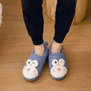 Womens Cotton Slippers Winter Home Indoor Cute Warmth Thick Bottom Fur Cartoon Couple Slippers Low Heel Flat Rubber Sole