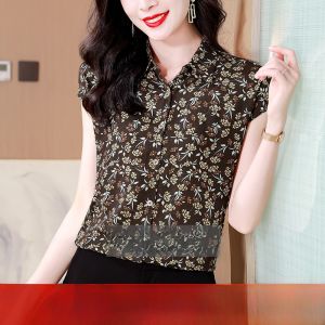 Silk Chiffon Tops Womens Short-Sleeved Summer New Arrival Brand Mulberry Silk Shirt Ladieswear Belly-Covering Floral Shirt