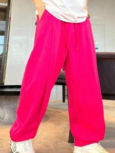 กางเกงลำลองชายทรงหลวมสีพื้นสไตล์ใหม่ฤดูใบไม้ผลิและฤดูใบไม้ร่วง กางเกงขายาวทรงตรงเอวยางยืดผ้าผสมคอตตอนผสม