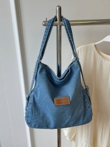 Stylish Retro Denim Bag Womens New 2024 Simple Commuter Shoulder Bag Fashionable Trendy Canvas Soft Zipper Closure Casual