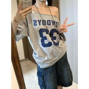 American Style Pure Desire Shoulder Baring Short Sleeve T-Shirt Womens Loose Simple Style Slimming Sweet Spicy Girl Top Trendy T