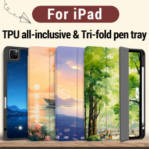 RBP painted landscape tri-fold tablet cover with pen slot for iPad Pro 11 12.9 inch 2022 2021 2020 Air 4 air 5 iPad 10th gen 10.9 mini 6 8.3 gen7 gen8 gen9 10.2 2018 2019 gen5 gen6 9.7 2017 air 3 Pro 10.5 ultra-thin anti-fall smart case