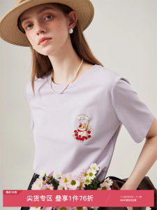 เสื้อยืดแขนสั้นผู้หญิง ลายปักแมวสีม่วง ทรงหลวม ผ้าฝ้ายผสม ฤดูร้อน 2024 คอกลม เสื้อผ้าทำงาน แฟชั่นสตรีท ลำลอง