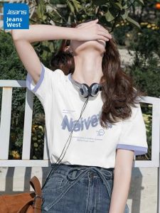 Jeanswest | Cotton White Color Block Loose Fit Summer Womens T-Shirt