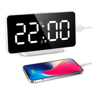 Brifit Digital Alarm Clock Electronic Desktop LED Clock with Temperature Display Auto/Custom Brightness Snooze Function with USB Charging Port Double Alarm Clock for Home Bedroom Office