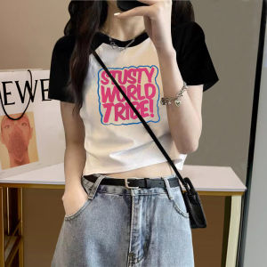 Short Sleeve Letter T-Shirt Womens Short Style Summer 2024 Slim Fit Fashionable Top Shoulder Print Casual Korean Style