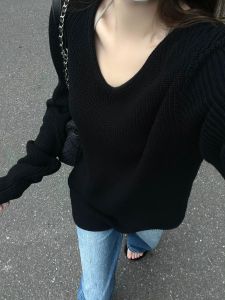 Loose V Neck Black Sweater Female Idle Style Fall New Arrival Fancy Long Sleeves Pullover Knitwear Outerwear Top