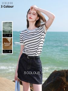 3COLOUR·S | Thin Womens Striped Short Sleeve Knit T-Shirt M