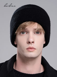 100% Pure Wool Knitted Hat Mens Winter Warm Thick Double Layer Yarn Cap Cold Proof Ear Protection Full Head Cold Hat