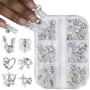 30Pcs 3D Silver Bow Heart Rabbit Nail Charms with Clear Crystal Alloy Star Love Nail Art Decorations DIY Luxury Manicure Parts 1