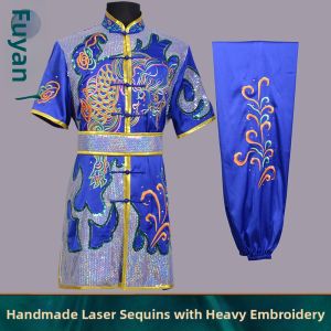 Custom Made Wushu Competition Suit Long Fist Embroidered Fish Dragon Sequins Blue
