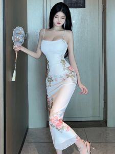 Elegant เซ็กซี่ดอกไม้พิมพ์ตาข่าย Splice ความยาวกลางสลิงกระเป๋าชุดผู้หญิง Street สไตล์แขนกุดฤดูร้อนชุด