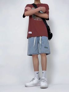 Summer Mens Loose Fit Denim Shorts with Pockets Casual Drawstring Wide Leg Shorts Jeans for Men