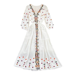 Phong Cách Bohemian Quần Áo Du Lịch Nữ Midi Đầm Dân Tộc Phong Cách Độc Đáo Khi Đi Nghỉ Trên Bãi Biển Cotton Vải Bông Cổ Chữ V Tay Phồng Pha Trộn Đầm