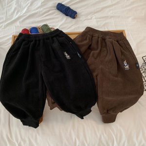 Warm Fleece Lined Corduroy Cuffed Pants for Boys Autumn Winter Childrens Clothing Casual Style Kids Thermal Trousers