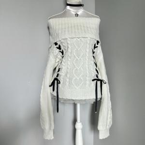 BaoYao Girl Original White Knot Design Shoulder Bared Knitted Sweater Womens Fashion Autumn One Shoulder Turn-up Knitwear