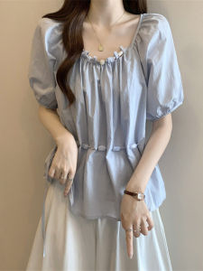 WANGGONGZHU | Princess Style Bubble Sleeve Shirt Womens Summer New Waist-Cinching Doll Design Slimming Fashionable Top Casual Lace Short Sleeve Round Neck