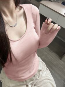 Áo Sơ Mi Cổ Vuông Màu Hồng Dài Tay Mùa Thu Đông Mới Cỡ Lớn Áo Lót Dày Màu Trơn Thường Ngày Dài Tay Áo Lót Dày