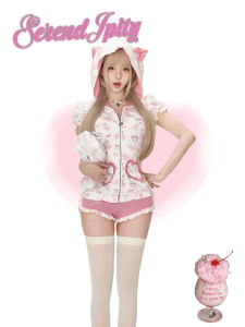 Summer Cat Print Short Sleeve Jacket And Pink Shorts Set for Girls Coconut Girl Cute Home Style Fashion Outfit Student Uniform