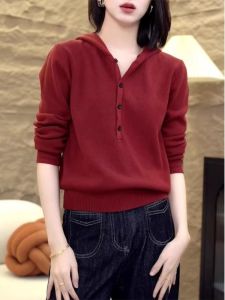 Large Size Womens Knitted Hat Long Sleeve Semi-Open Collar Button-Up Sweater Autumn New Style Korean Loose Fit Solid Color