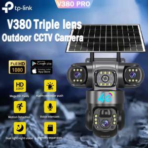BUY 1 TAKE 1 V380 PRO Solar CCTV Camera With 4G SIM Connect Cellphone Three lens HD Waterproof Outdoor Wireless IP Camera Night Vision 360°PTZ Control auto tracking Intelligent smart Surveillance
