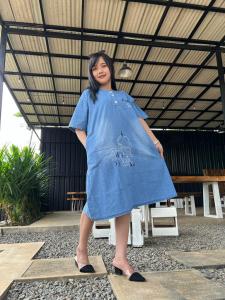 Dress Jeans Premium Jumbo Lengan Pendek Korea Midi Dress Jeans Wanita Kekinian 2025 Jumbo By AL&EL DENIM